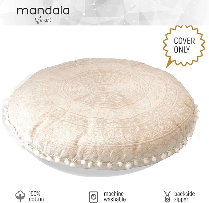 Mandala Life ART Bohemian Floor Cushion Cover –24 inches - Room Décor Decorative Round Pillow Case for Meditation, Yoga, and Boho Chic- Seating Area