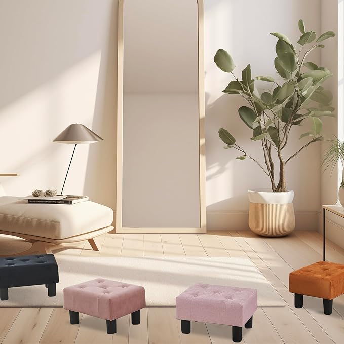 Poofzy Small Foot Stool Ottoman, Linen Ottoman Foot Rest with Legs, Rectangle Foot Rest for Couch, Footstools and Ottomans Small for Living Room and Entryway (Pink)
