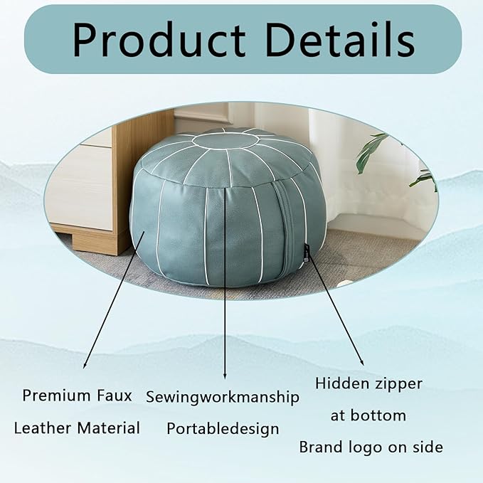 Louis Donné 21 Inch UNSTUFFED Moroccan Pouf Ottoman Cover, Handmade Faux Leather Foot Stool, Round Storage Poof Cover, Exotic Décor for Living Room Bedroom or Wedding Gifts ONLY Cover(Blue)