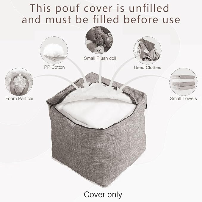 Louis Donné Unstuffed Storage Pouf Ottoman Cover 45x45 Cotton Linen DIY Decorative Footrest for Living Room Bedroom Home Office Replacement (Only Cover)