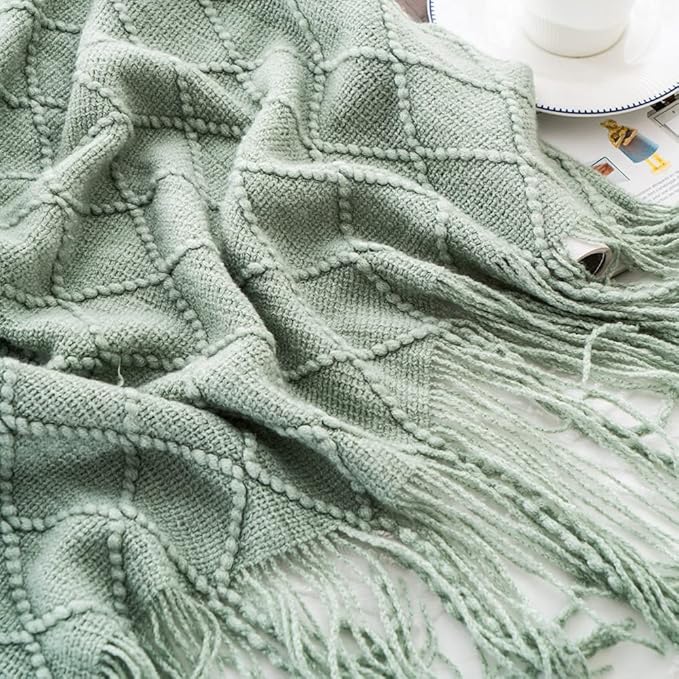 BATTILO HOME Sage Green Throw Blanket for Couch, Boho Bed Throws Blanket, Spring Decorative Light Blue Throw Blanket for Sofa Living Room, 52"x80"
