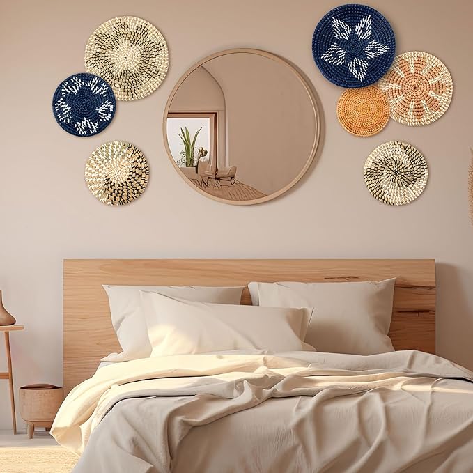 Xuhal 8 Pcs Boho Wall Basket Decor Decorative Bulrush Woven Basket Wall Decor Rustic Farmhouse Hanging Baskets for Kitchen Rustic Home Summer Decorations