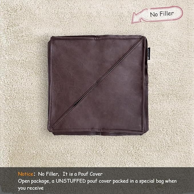 Louis Donné Unstuffed Ottoman Pouf Cover, Faux Leather Pouf Cover Foot Stool, 17.7" Square Small Bean Bag Footstool, Soft Ottoman FootRest with Storage for Living Rooms Bedrooms, Brown(ONLY Cover)