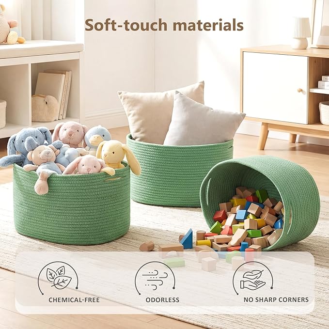 Cotton Rope Storage Basket, 15x10x9 Inches, Woven Basket for Shelves, Clothes, Towels, Books, and Laundry, Green (2 Pack)