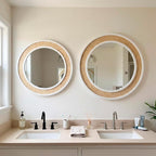 Round Rattan Mirror, 24" Circle Wall Mirror, Farmhouse Wooden Vanity Mirror with Handmade Wicker Frame, Decorative Boho Mirror for Nursery Bedroom Living Room Entryway White