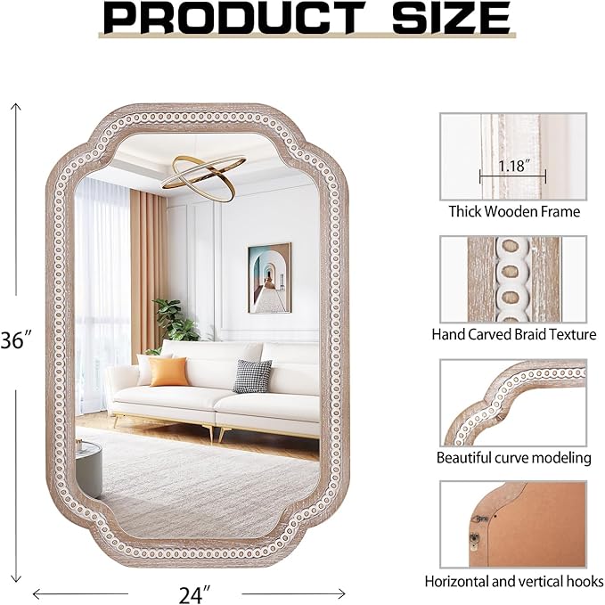 36x24 Inch Scalloped Wall Mirror with Beaded Wood Frame, Boho Farmhouse Decorative Mirrors for Bathroom Over Sink, Living Room, Entryway