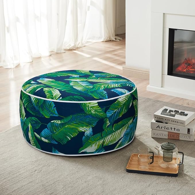 Magpie Fabrics Inflatable Stool Ottoman Pouf D20 xH9, Outdoor Round Footrest Footstool with Foot Pump, Portable for Patio Travel Camping - Green Lagoon Leaves