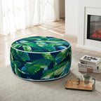 Magpie Fabrics Inflatable Stool Ottoman Pouf D20 xH9, Outdoor Round Footrest Footstool with Foot Pump, Portable for Patio Travel Camping - Green Lagoon Leaves