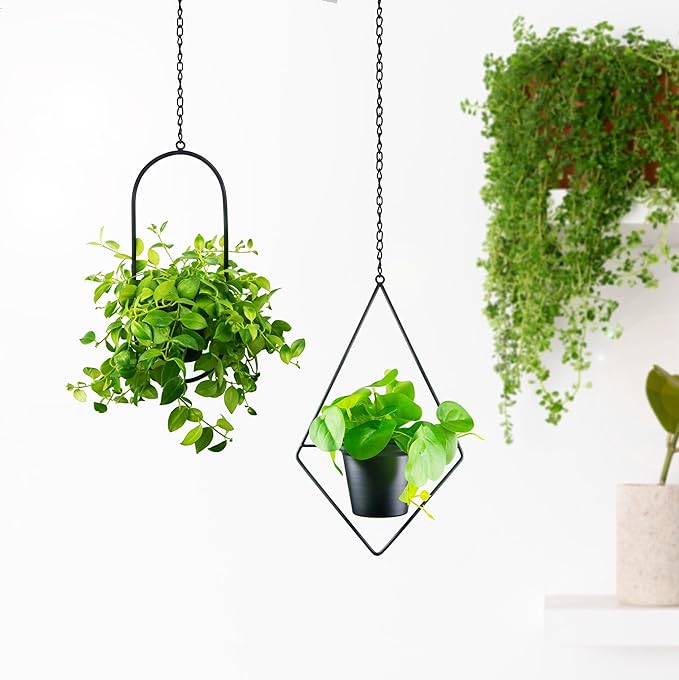 Modern Metal Hanging Planters Set of 2 - Geometric Diamond and Oval Plant Hangers with 5 inch Pots - Black Wall or Ceiling Mount Flower Holders for Indoor and Covered Outdoor Décor