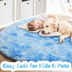 Amdrebio Tie-Dyed Light Blue Round Circle Rug 5Ft for Girls Bedroom, Soft Cute Fluffy Area Rugs for Boys, Kids Room Decor, Plush Shaggy Fuzzy Stitch Carpet for Baby Nursery Playroom Classroom Dorm