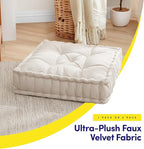 Floor Pillow Large Square Tufted Decorative Cushion 20" x 20" Faux Velvet Fabric Ultra Thick Fill for Kids and Adults, 2 Pack, Ivory
