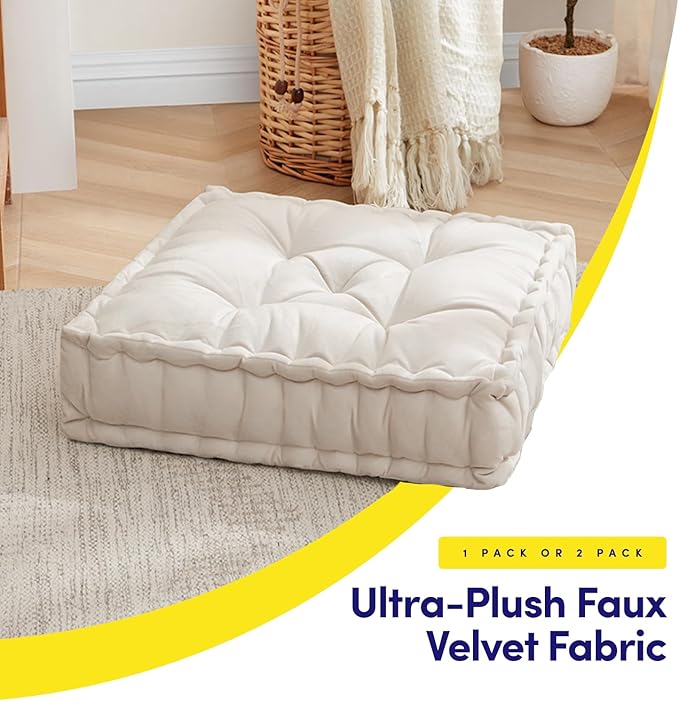 Floor Pillow Large Square Tufted Decorative Cushion 20" x 20" Faux Velvet Fabric Ultra Thick Fill for Kids and Adults, 1 Pack, Ivory