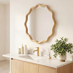 Wooden Bathroom Round Circle Mirror for Wall, Boho Wavy with Tempered Glass, Natural Frame Vanity Mirror Hanging/Leaning for Bedroom, Living Room, Entryway, Farmhouse(24 Inch,Scalloped)