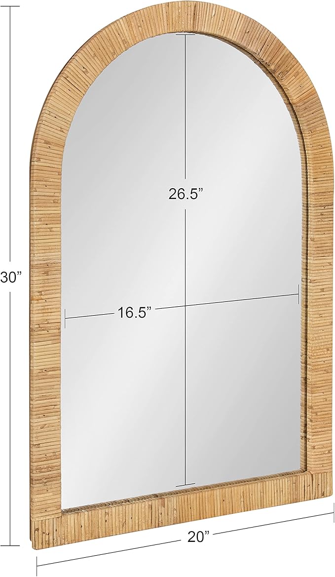 Kate and Laurel Rahfy Boho Arch Rattan Mirror; 20x30; Natural Wood; Decorative Wooden Mirror with Authentic Rattan Frame for Bohemian Wall Decor