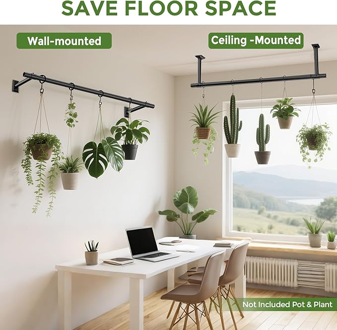 Hanging Planters for Indoor Plants, 48 Inch Heavy Duty Plant Hanger Indoor, 1 Inch Diameter Metal Rod, Hanging Plant Holder for Window Wall, Matte Black, Square Flange Base, Pot Not Included