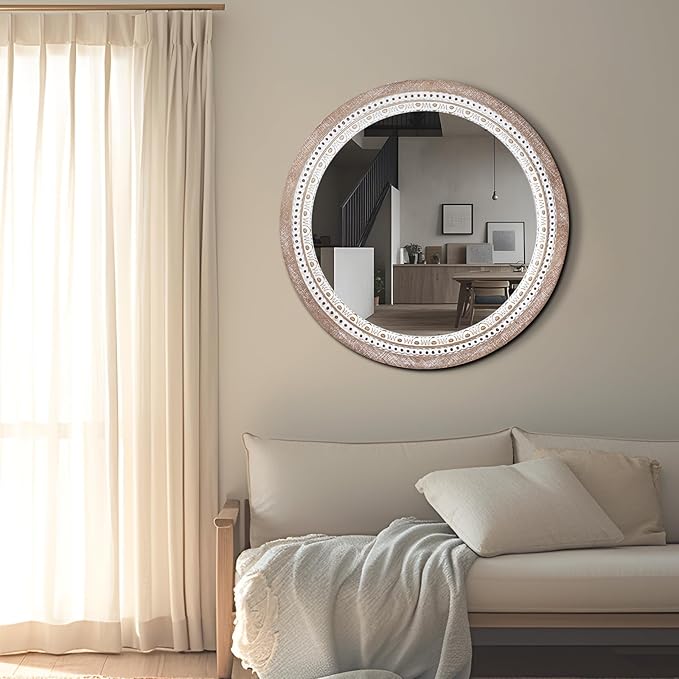 24 Inch Wooden Round Mirror for Wall Decor, Farmhouse Boho Circle Mirrors with Beaded Frame, Decorative for Bedroom, Bathroom, Living Room, Entryway