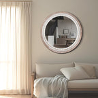 24 Inch Wooden Round Mirror for Wall Decor, Farmhouse Boho Circle Mirrors with Beaded Frame, Decorative for Bedroom, Bathroom, Living Room, Entryway