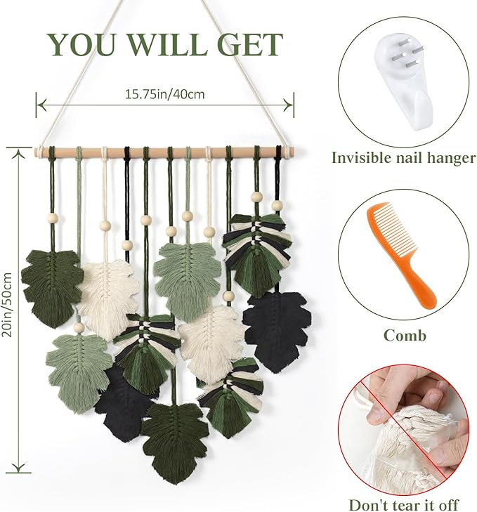 KHOYIME Macrame Wall Hanging Boho Home Decor, Bohemian Leaves Woven Yarn Tapestry Chic Aesthetic Wall Art Modern Handmade Leaf Hanging Decoration for Bedroom Living Room Nursery Office 15.7''W x 20''L