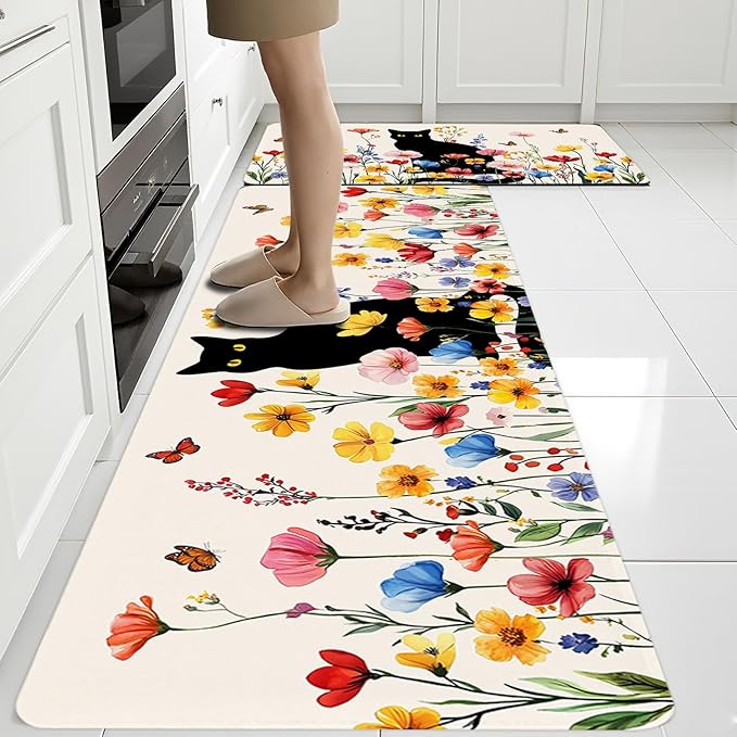 Cat Rugs for Kitchen Floor, Anti Fatigue Mats for Kitchen Floor Non Slip, 2PCS Rubber Kitchen Mat, Washable Cushioned Carpet Rug for Sink Laundry Gifts for Christmas 15.7"×27.5" +15.7"×47" 3.5mm