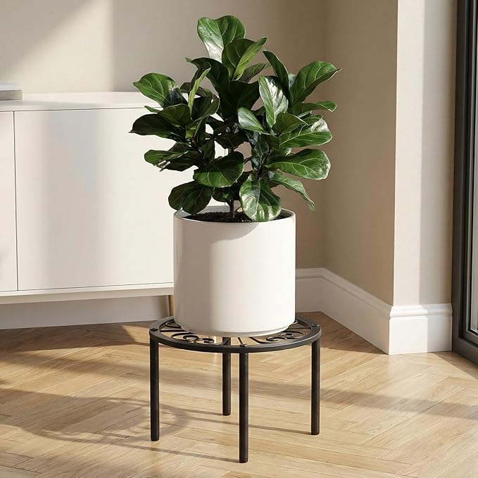TOSKING Heavy Duty Metal Plant Stand for Indoor Outdoor, 10.2" Rustproof Wrought Iron Potted Plant Holder with 4 Adjustable Feet, Classic Scroll Pattern Round Rack for Drink Dispenser, Black