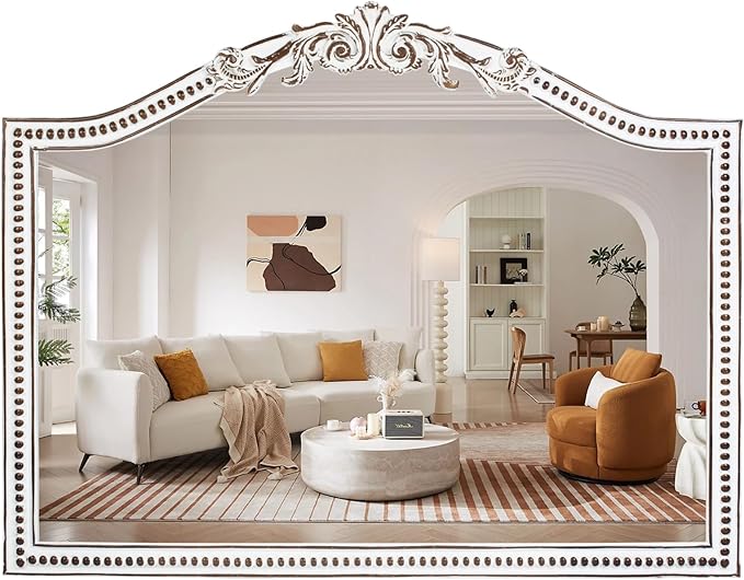 32x42 Inch Ornate Arched Wooden Wall Mirror, Rustic Farmhouse Decorative Mirror for Fireplace, Living Room, Bedroom, Entryway, Bathroom Over Sink
