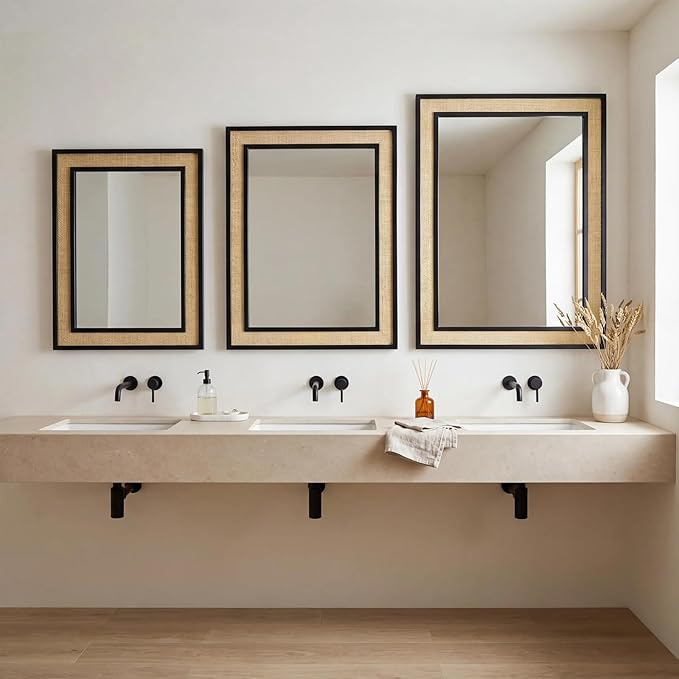 Rectangle Rattan Mirror, 24"x32" Rattan Wall Mirror for Bathroom, Large Farmhouse Wooden Mirror with Handmade Wicker Frame, Decorative Boho Mirror for Nursery Bedroom Living Room Entryway Black