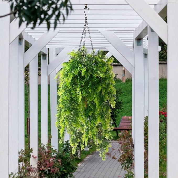 Artificial Faux Hanging Plants Basket for Spring Outdoor Summer Decoration, Fake Seaweed Plant UV Resistant Look Real for Outside Porch Home Patio Balcony Yard(Dark Green)
