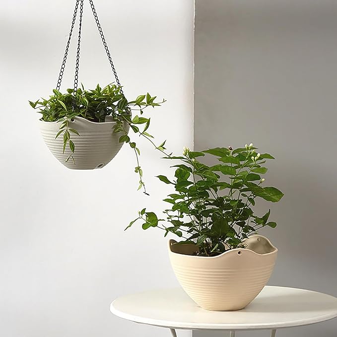 Hanging Planters for Indoor Plants 3 Pack - 7/8/10 Inch Plastic Hanging Pots with Water Sieve Mesh, Small Hanging Pots for Home Garden, Porch, Balcony & Patio Decor, Beige