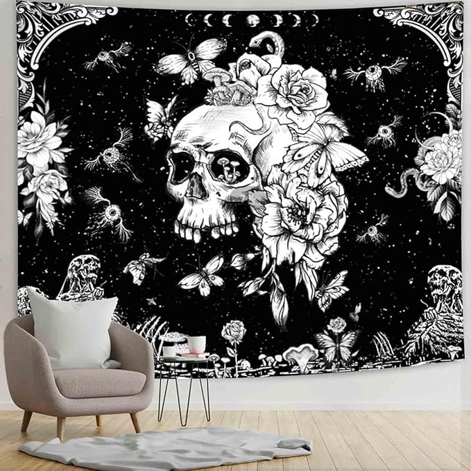 Black and White Gothic Tapestry for Bedroom Aesthetic, Skeleton Goth Witchy Tapestries Wall Hanging, Skull Floral Poster Backdrop for Living Gaming Room Dorm Decor 51in X 60in