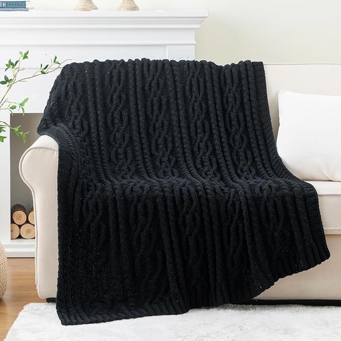 Battilo Black Throw Blanket for Couch, Cable Knit Blanket for Bed,Chair, Home Decor, Soft Cozy Woven Chenille Throw Blanket, Decorative Boho Throw Blanket, 51"x67"
