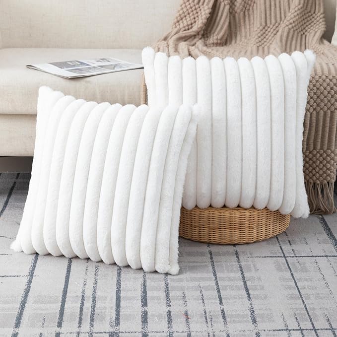 ZLINA Set of 2 Cream White Faux Fur Decorative Throw Pillow Covers Fluffy Striped Pillowcase Cushion Covers 24 x 24 Inch Decor Sofa Couch Bedroom