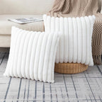 ZLINA Set of 2 Cream White Faux Fur Decorative Throw Pillow Covers Fluffy Striped Pillowcase Cushion Covers 22 x 22 Inch Decor Sofa Couch Bedroom