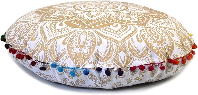 CRAFT KALA 22" Floor Pillows Cover for Sitting, Large Meditation Cushions Cover for Adults, Bohemian Mandala Round Pouf Seating Ottoman Cover for Outdoor Yoga and Living Room (White Gold Flower)