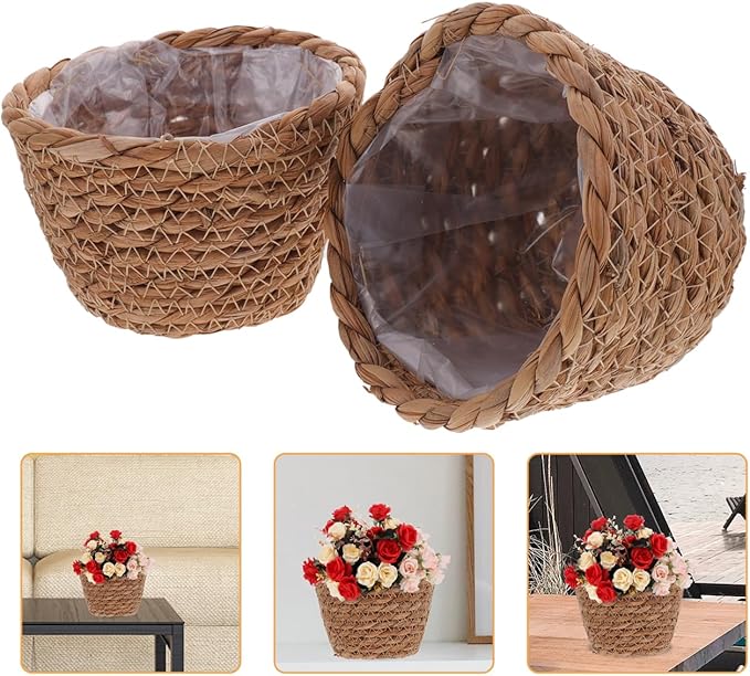 BESPORTBLE Seagrass Planter Basket Indoor, 2 Pcs Small Hand Woven Plant Basket Storage Containers with Plastic Liners for Indoor Planters Flower Pots Decoration, 5.07 * 3.5inch