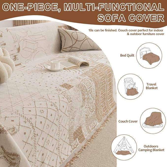 ROOMLIFE Boho Khaki Couch Covers for 3 Cushion Sofa, Chenille Couch Cover Sectional Sofa Cover for Dog, Washable Furniture Sofa Protector Cover Soft Blanket with Tassel for Living Room, 71 '' X 134''
