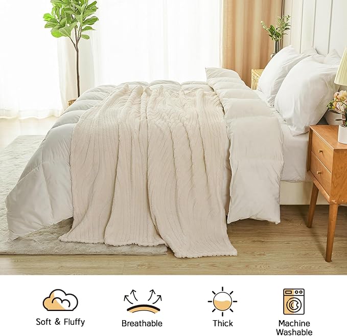 lifein Throw Blanket for Couch-Cream Wave Boho Throw Blanket, Soft Fleece Plush Lightweight Blankets&Throws for Woman, Fuzzy Decorative Blankets for Livingroom Bed Sofa Chair(50x60in,Cream)