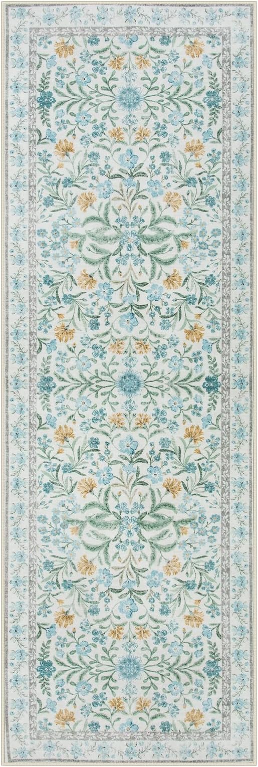 Lahome Sylvie Light Blue Runner Rug 2x6, Boho Floral Runners for Kitchen Floor, Machine Washable Soft Thin Indoor Throw Carpet Runners for Hallway Bathroom Laundry 6ft, Blue