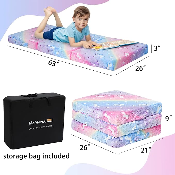 MeMoreCool Glow Rainbow Unicorn Foldable Floor Mattress for Kids, Trifold Nap Mat for Toddlers, Portable Daycare Sleeping Futon or Floor Bed, 63x26 Inch
