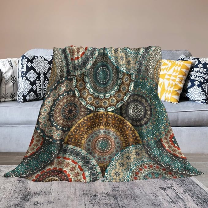 Bohemian Throw Blanket Colorful Vintage Floral Mandala Flower Aztec Boho Blanket for Sofa Bed Couch Chair Or Dorm 70"x80"