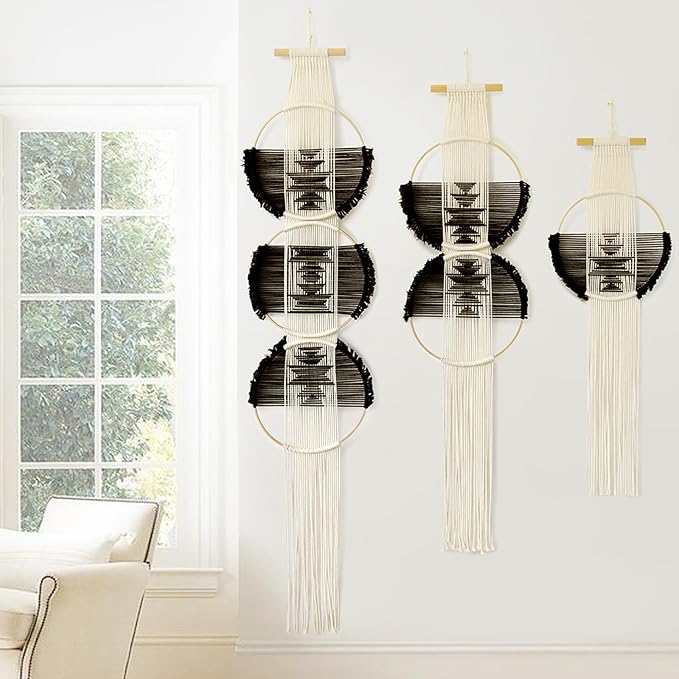Flber Macrame Wall Hanging Combination 3 Pcs Beige and Black Handmade Woven Boho Home Chic Wall Decor Geometric Art Decor Bedroom Nursery Apartment Dorm Decoration Minimalistic Neutral Wall Decor