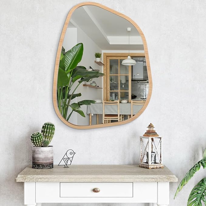 Irregular Bathroom Mirror Modern Wall Mirror Asymmetrical Wooden Framed Wall Mirror Unique Shape Wall Mounted Vanity Artistic Mirror Decor for Living Room Bedroom Entryway Large 26"x18"