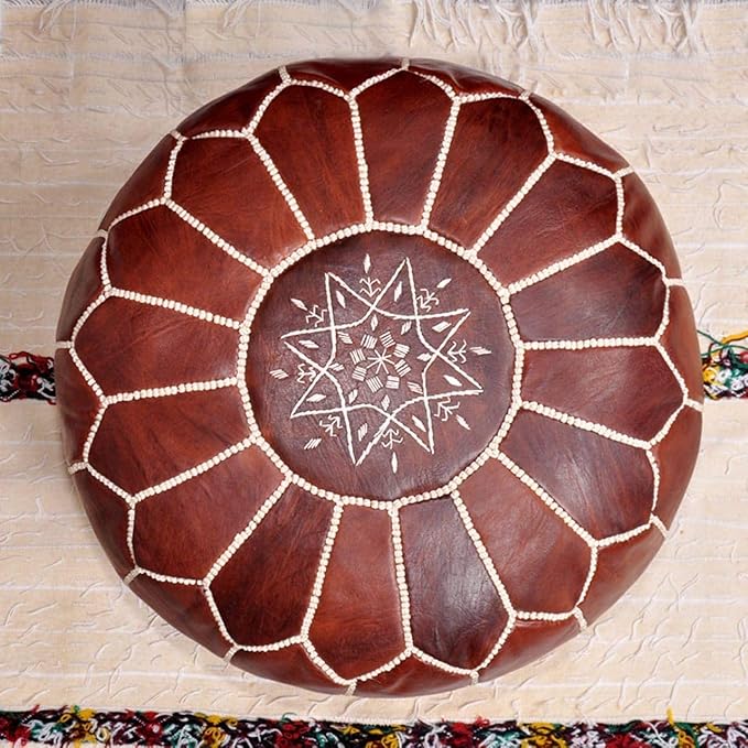 ARTOUARZAZATE Premium Moroccan Leather Ottoman Pouf Cover, Ottoman Footstool Hassock 100% Real Natural Leather pouffe, Home Gifts, Wedding Gifts, Foot Stool (Dark Brown)