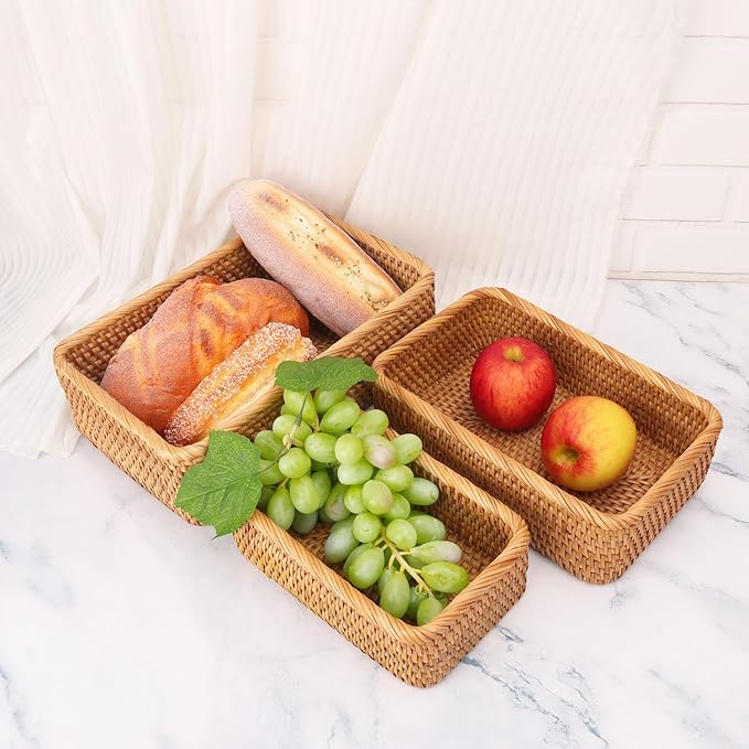 Set of 3 Rectangular Rattan Storage Baskets - 3 Size Expertly Hand Woven Rattan Fruit Baskets, Rectangular Woven Wicker Baskets, Wicker Organizer Baskets for Kitchen, Living Room, Office