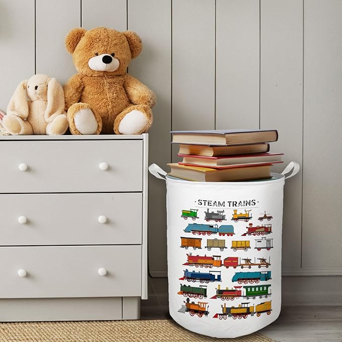 Steam Train Kids Laundry Basket, Toybox for Boys Room, Train Lover Enthusiast Gifts Laundry Basket Hamper Waterproof Collapsible Clothes Toys Storage Bin Organizer for Bedroom Bathroom Kids Room