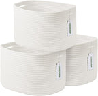 Cotton Rope Storage Basket, 15x10x9 Inches, Woven Basket for Shelves, Clothes, Towels, Books, and Laundry, White (3 Pack)