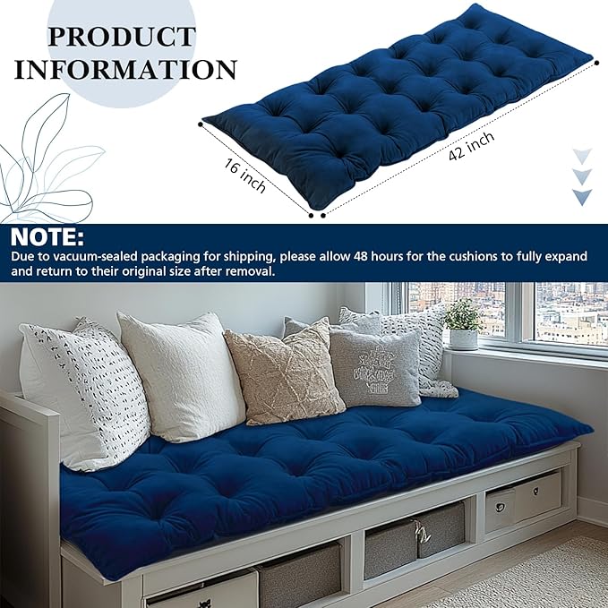 Bench Cushion for Indoor Furniture 42x16 in Velvet Thicken Indoor Window Seat Cushion, Soft Piano Sofa, Entryway Storage, Bay Window Tufted Patio Porch Swing Bench Pad Memory Foam(Royal Blue)
