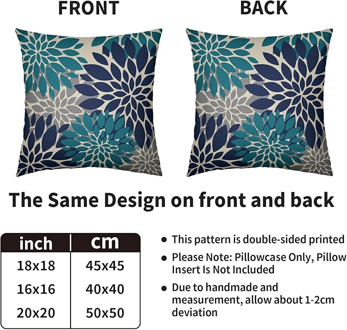 Navy Blue Teal Pillow Covers 20X20 Inch Set of 2, Summer Modern Geometry Dahlia Floral Print Decorative Throw Pillow Covers Outdoor Farmhouse Cushion Case for Couch Sofa Bed Decor