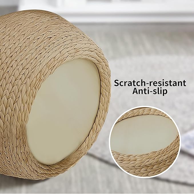 Natural Straw Round Pouf Ottoman, Handwoven Boho Footstool with Wood Frame for Living Room Bedroom Patio Garden (12.2"x12.2"x8.7")