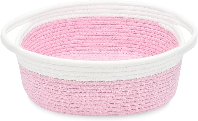 ABenkle Small Basket with Handles, Boho Decorative Rope Woven Dog Cat Toy Storage Bin Shelf Storage Organizer, Easter Christmas Gift Basket, 12"x8"x5", Pink