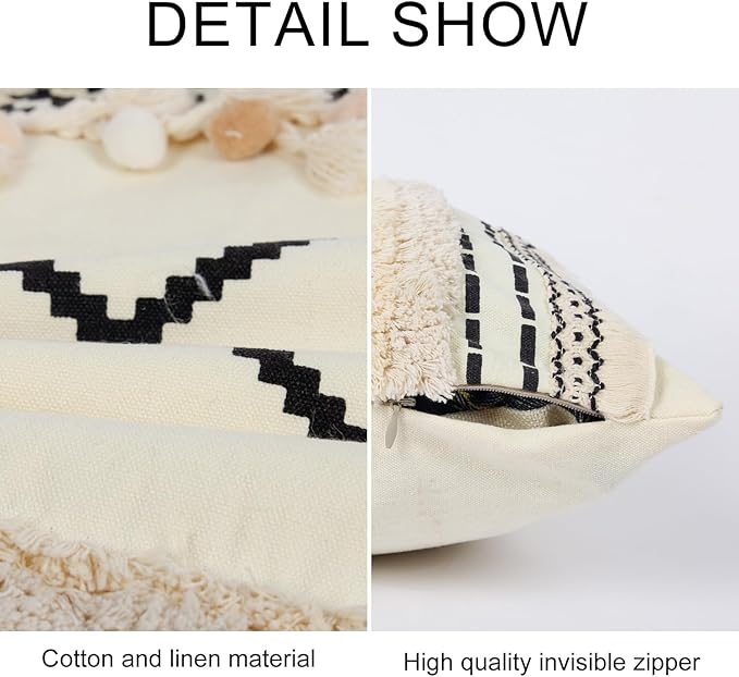 Boho Lumbar Pillow Cover with Tessels 12x 20, Pompom Geometric Woven Tufted Ethnic Decorative Linen Pillow Cushion Case, Cream Decorative Pillows for Bed, Outdoor Couch Car